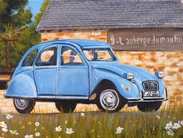 Peinture 2cv bleue  l auberge du moulin - acrylique Virginie TRABAUD