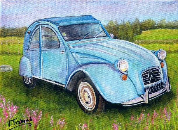 Peinture 2cv bleue paysage de campagne - acrylique Virginie TRABAUD