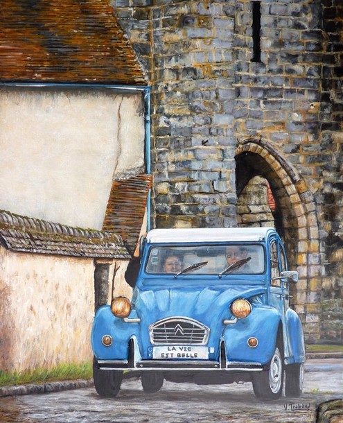 Peinture 2cv bleue  grez sur loing glise - Acrylique et Mortier en relief Virginie TRABAUD Artiste peintre