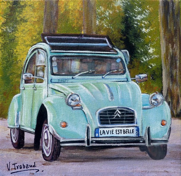 Peinture 2cv bleue verte sur la route en fort - Acrylique - Virginie TRABAUD Artiste Peintre