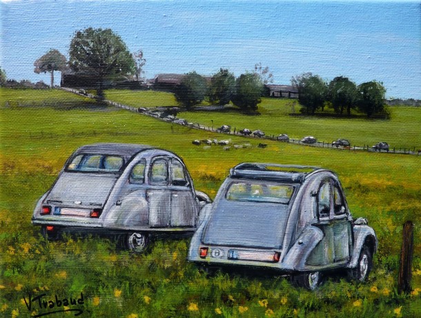 Peinture de 2 CV az et 2cv AZKA paysage campagne - sterpigny belgique - Virginie TRABAUD