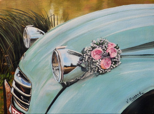 Peinture capot et phare de 2cv6 avec bouquet - acrylique - Virginie TRABAUD Artiste Peintre Copyright