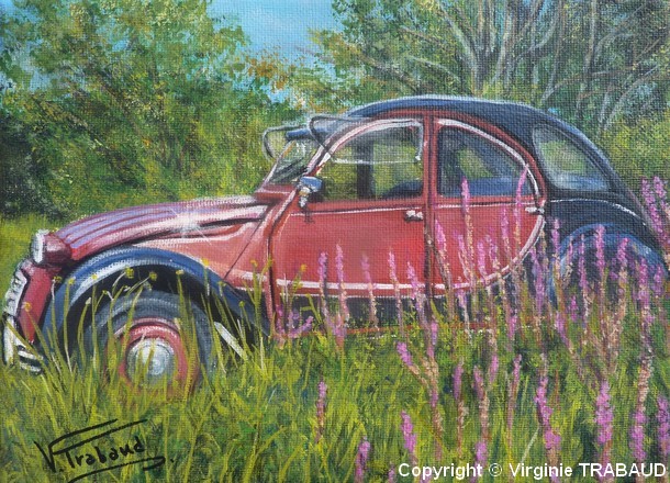 Tableau de peinture 2cv charleston au coeur de la nature - virginie Trabaud Artiste Peintre