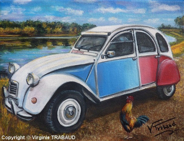Tableau de peinture 2cv cocorico au bord de l'eau avec Coq qui chante - virginie Trabaud Artiste Peintre