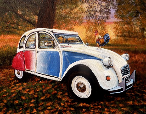 Peinture 2cv cocorico avec coq et lever de soleil - acrylique - Virginie TRABAUD Artiste Peintre Copyright