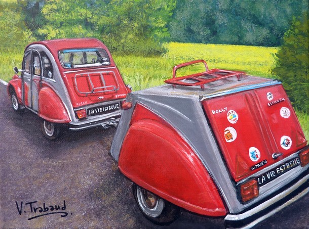 peinture 2cv citroen Dolly rouge et grise avec remorque - Acrylique - Virginie TRABAUD