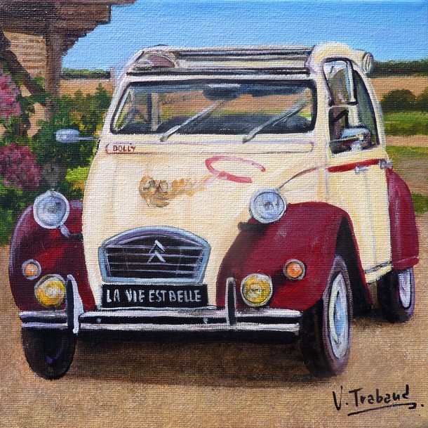 peinture 2cv Dolly blanche et bordeaux paysage fleuri - acrylique - Virginie TRABAUD