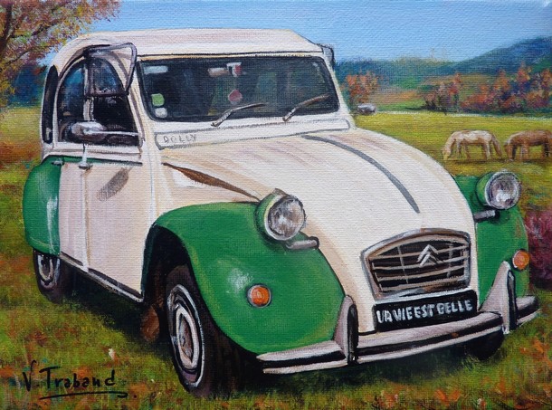 Peinture 2cv Dolly verte et blanche paysage avec chevaux - acrylique - Virginie TRABAUD Artiste Peintre Copyright