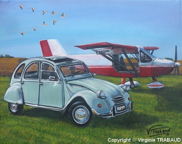 Tableau de peinture 2cv verte et Avion - Acrylique - virginie Trabaud Artiste Peintre