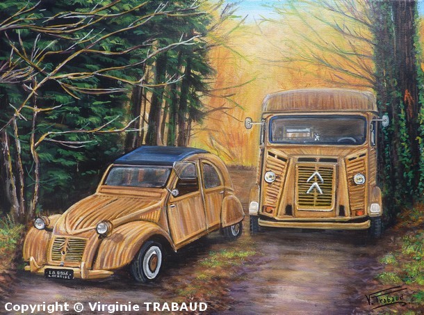 Tableau de peinture 2cv en bois et type h michel robillard - virginie Trabaud Artiste Peintre