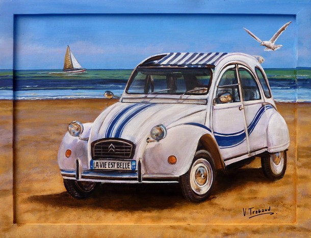 Peinture 2cv France 3 sur la plage de normandie voilie mouette - acrylique - virginie trabaud artiste peintre