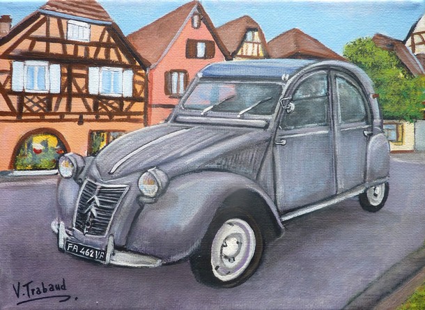 Peinture 2cv Grise paysage d'Alsace - acrylique d aprs photo - virginie TRABAUD