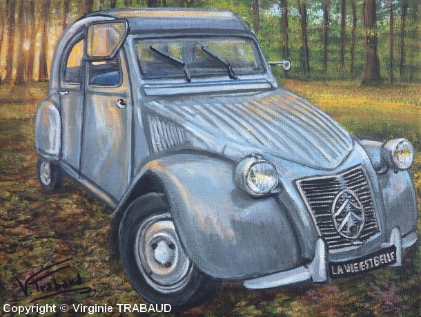 Tableau de peinture 2cv grise type A lever de soleil en for�t - Acrylique - Virginie TRABAUD Artiste peintre