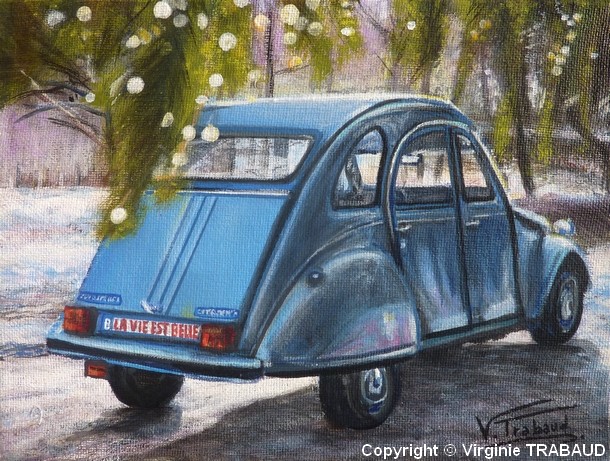 Tableau de peinture 2cv6 bleu celeste en fort hivernale - virginie Trabaud Artiste Peintre
