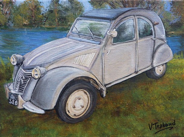 Peinture 2CV AZ Voiture paysage lac de pche - acrylique - Virginie TRABAUD Artiste Peintre