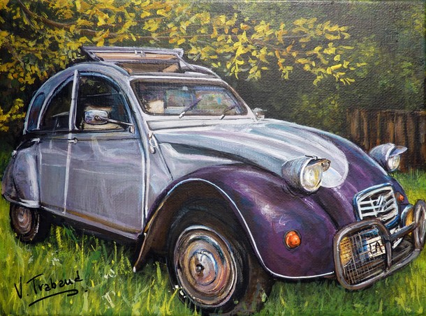 peinture 2cv 1990 grise et violette mtalise - acrylique sur toile - virginie trabaud artiste peintre