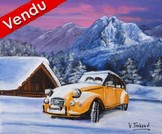 peinture 2 cv jaune paysage de neige - Cliquez sur l image pour voir la fiche dtaille et le tarif de l oeuvre