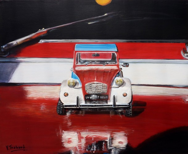 Peinture 2cv modle rduit bleu blanc rouge sur capot de 2cv - acrylique et sculpture au mortier en relief 3D - virginie Trabaud