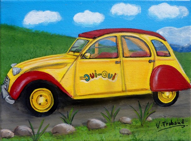 Peinture 2cv Oui-oui dessin anim - acrylique - Virginie TRABAUD Artiste Peintre Copyright