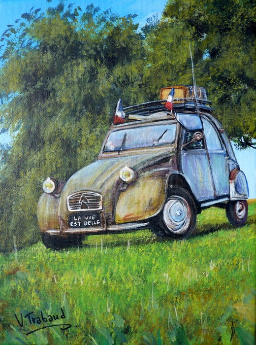 Peinture 2cv anne 1960 - France Patriote - Acrylique Virginie TRABAUD Artiste Peintre