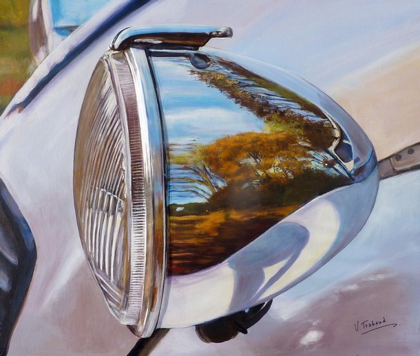 peinture Phare chrom de 2cv reflet automne - Cliquez sur l image pour voir la fiche dtaille et le tarif de l oeuvre