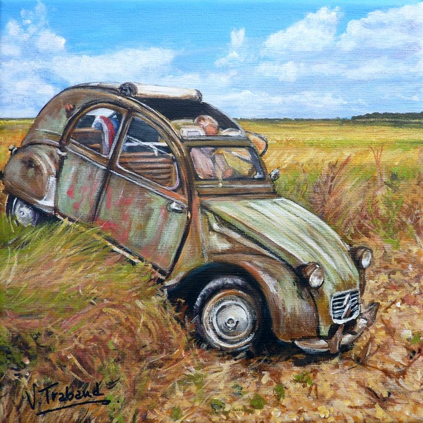 2 cv Retour aux champs - peinture acrylique - virginie trabaud artiste peintre