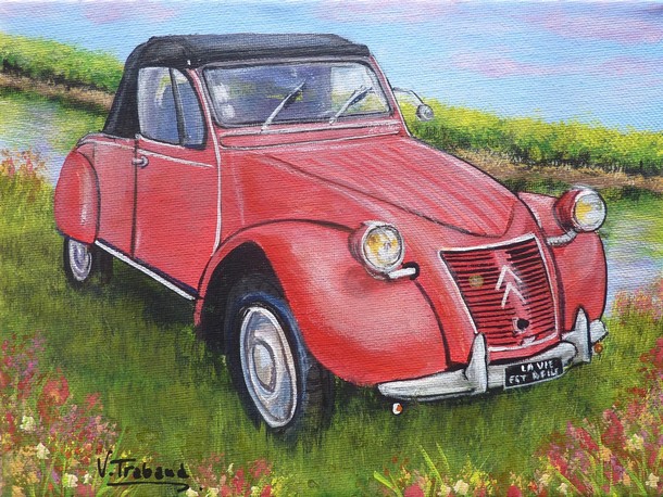 Peinture 2cv Azelle Cabriolet Rouge - acrylique Virginie TRABAUD