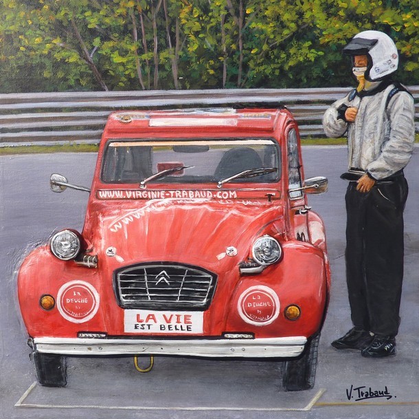 peinture 2cv rouge de course avec pilote - acrylique et sculpture relief 3d - virginie trabaud