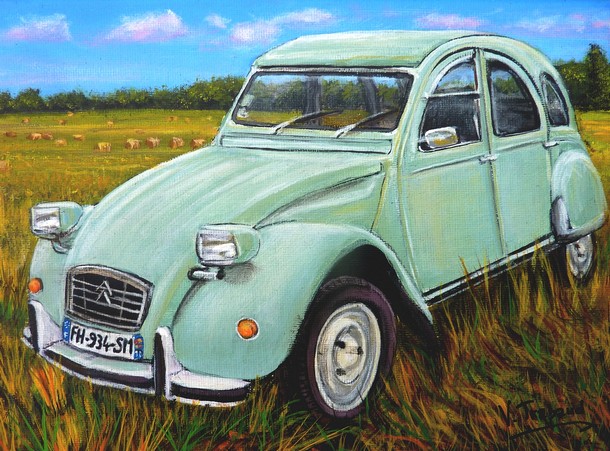 Peinture 2cv verte jade paysage de campagne avec foin - acrylique - Virginie TRABAUD Artiste Peintre Copyright