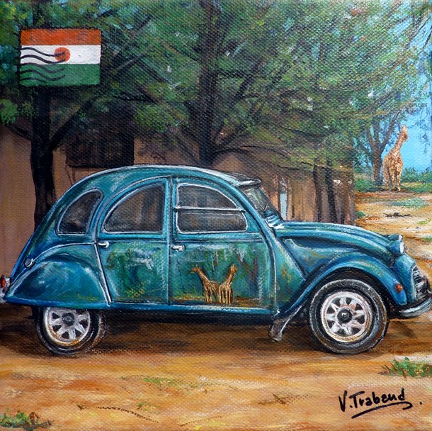 Peinture 2 CV et Girafes - Niger - acrylique sur toile - virginie trabaud artiste peintre