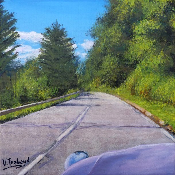 peinture 2cv milka mauve sur la route - acrylique - virginie trabaud artiste peintre