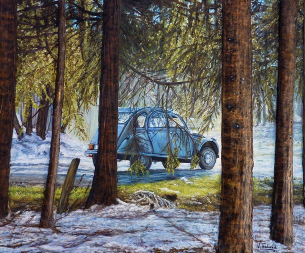 Peinture 2cv grise  l'Ore du Bois - Acrylique et Mortier en relief Virginie TRABAUD Artiste peintre