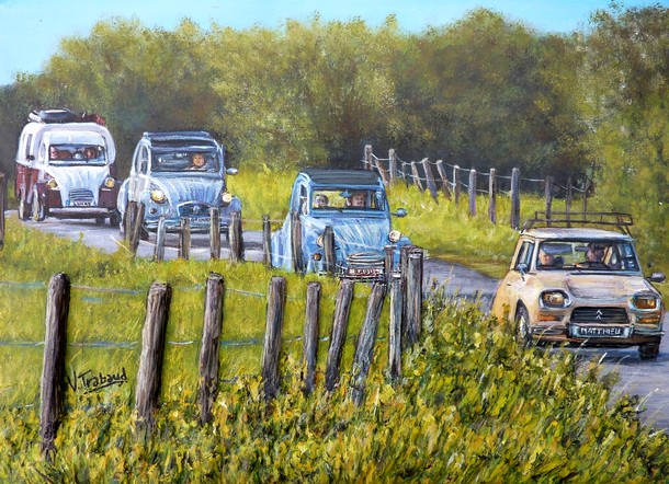 Peinture 2cv ak et ami6 sur la route rencontre deuche - Acrylique et Mortier en relief Virginie TRABAUD Artiste peintre