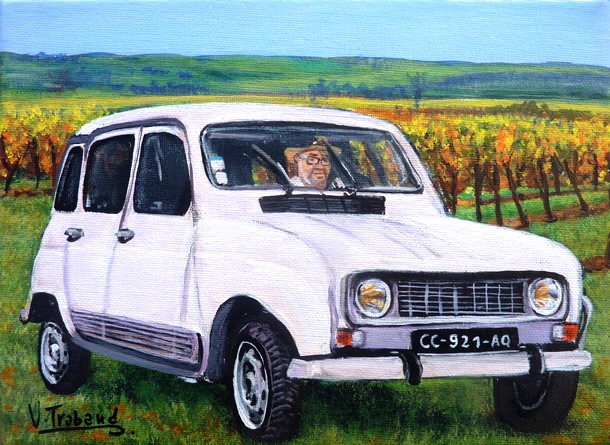 tableau de peinture Voiture 4 L blanche campagne et vignes - Virginie TRABAUD Artiste Peintre