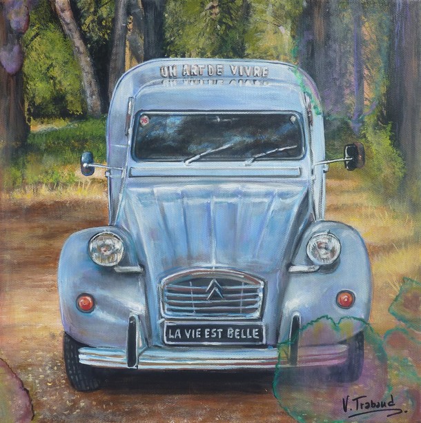 Peinture Voiture AK fourgonnette Grise en forêt - Acrylique - Virginie TRABAUD Artiste Peintre