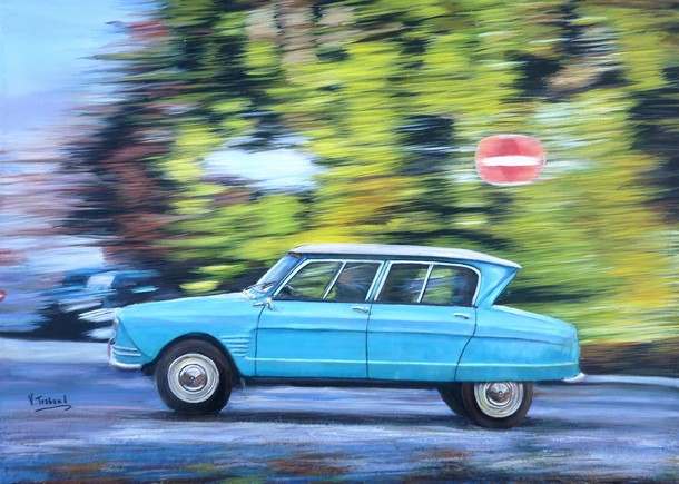 Peinture Voiture citroen Ami6 bleue  toute vitesse - Acrylique et Mortier en relief Virginie TRABAUD Artiste peintre