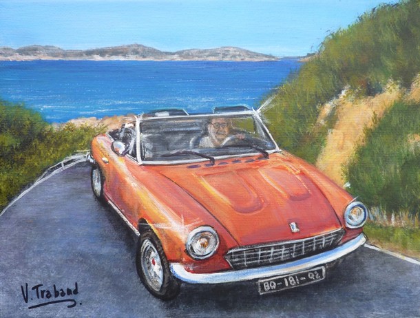 Peinture voiture Fiat 124 Spider rouge route italie vue sur la mer - Acrylique Virginie TRABAUD Copyright