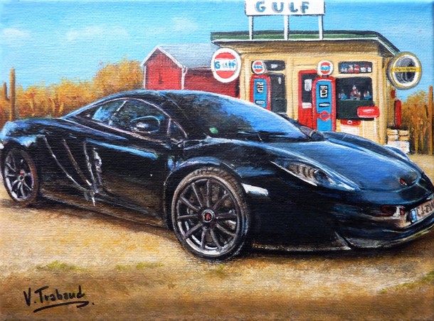 Peinture McLaren Noire Station Gas Gulf vintage - acrylique - virginie trabaud artiste peintre