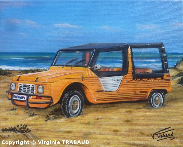 Tableau de peinture citroen mehari orange sur la plage - virginie Trabaud Artiste Peintre