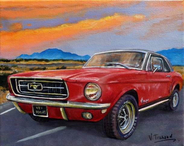 peinture mustang rouge sur la route 66 - Cliquez sur l image pour voir la fiche dtaille et le tarif de l oeuvre