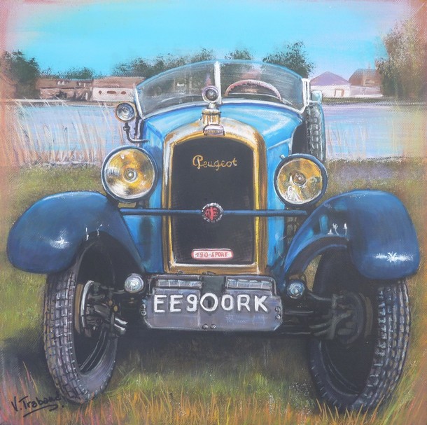 Peinture Peugeot 190 Sportive Bleue 1929 - Virginie TRABAUD Artiste Peintre