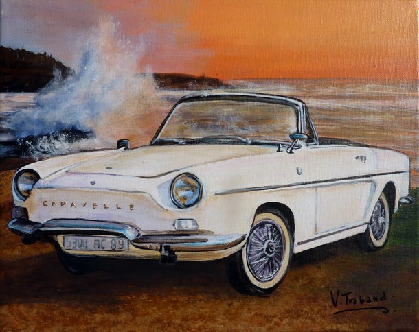 Peinture voiture caravelle blanche au bord de la mer - Acrylique Virginie TRABAUD Copyright