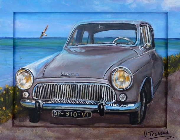 Peinture Simca arronde Grise 1962 et hirondelle bord de mer - acrylique Virginie TRABAUD