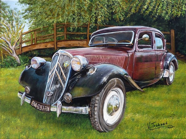 peinture traction citroen noire et bordeau petit pont de bois - acrylique Virginie TRABAUD