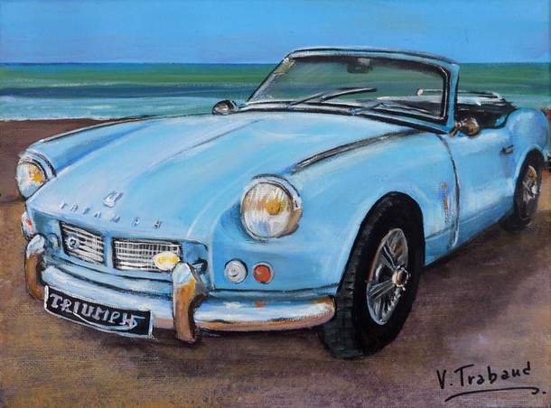 Peinture Triumph bleue Spitfire MK2 plage - acrylique Virginie TRABAUD