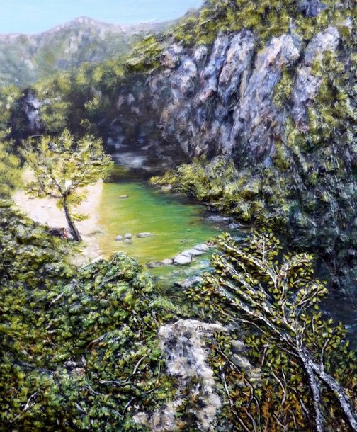 Peinture les Gorges du Tarn vue sur la rivire - Acrylique et relief - Virginie TRABAUD